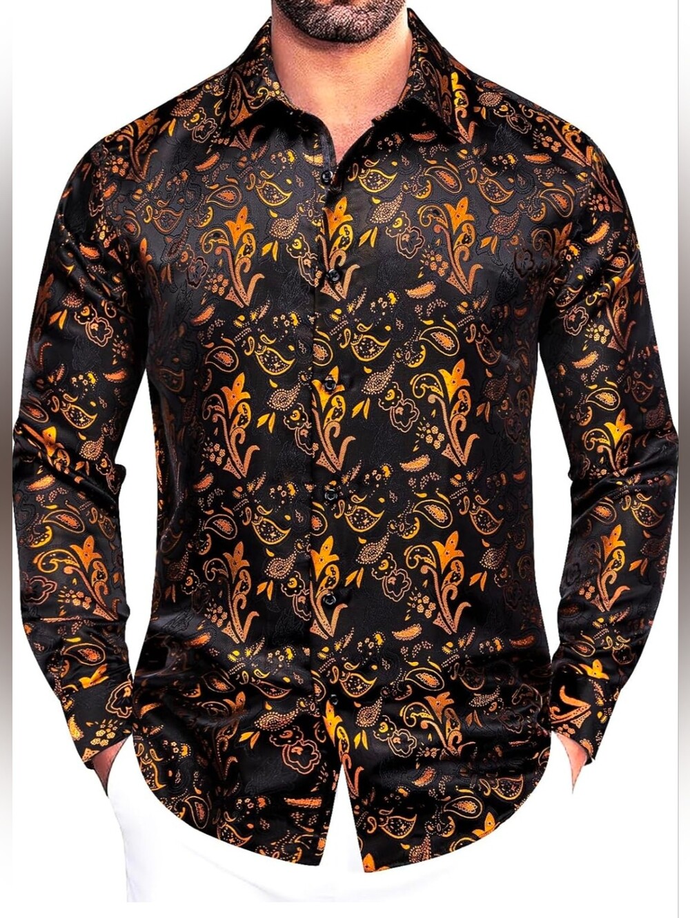 Men's Black Gold Paisley Dress Shirt • Formal Wedding Party Button Down